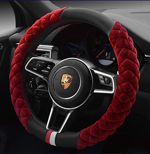 HAOKAY Luxury Fluffy Winter Steering Wheel Cover for WomenSoft Warm Short Plush Steering Wheel Cover Red Fuzzy with Universal 14515 Inch