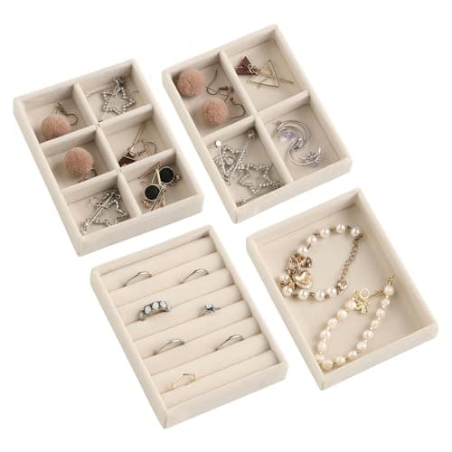 Frebeauty Small Jewelry Tray Set,Stackable Velvet Jewelry Organizer Tray,Mini Jewelry Drawer Organizer,Drawer Inserts,4.92 x 3.74 x 0.9 Inches,Earring Organizer for Women(Set 4,Beige)