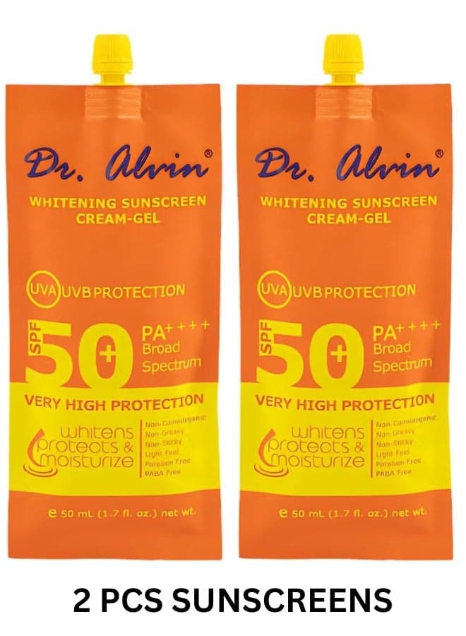 Pack of 2 Whitening Sunscreen Gel Cream SPF 50 Plus PA + Broad Spectrum Sun Block Face and Body Suitable for Oily and Acne Prone Skin Lightweight Non Greasy 50ml Each