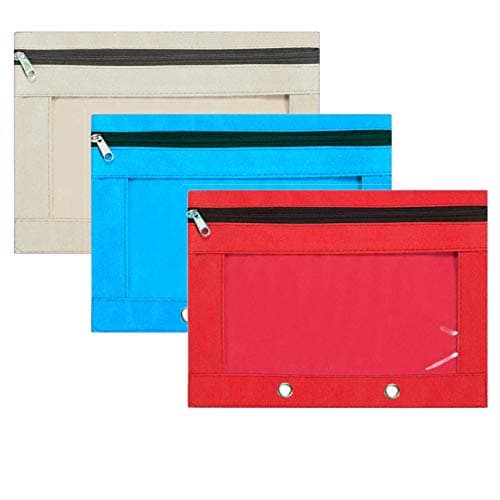 Lify 2 Rings Binder Pencil Pouch, Zipper Pencil Pouches,Canvas Fabric Pencil Pouches, Zippered Pencil Cases with Clear Window for Office School Supplies, 3 Pack (Off-White, Blue & Red)