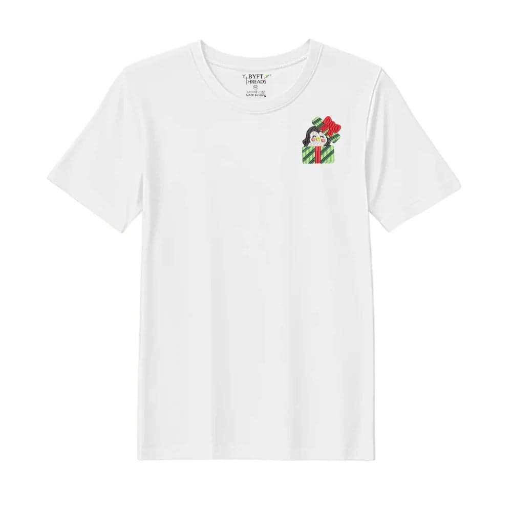 Threads XL White Polycotton T-Shirt - Christmas "Penguin Gift Box" Embroidered Design, Premium Holiday Collection