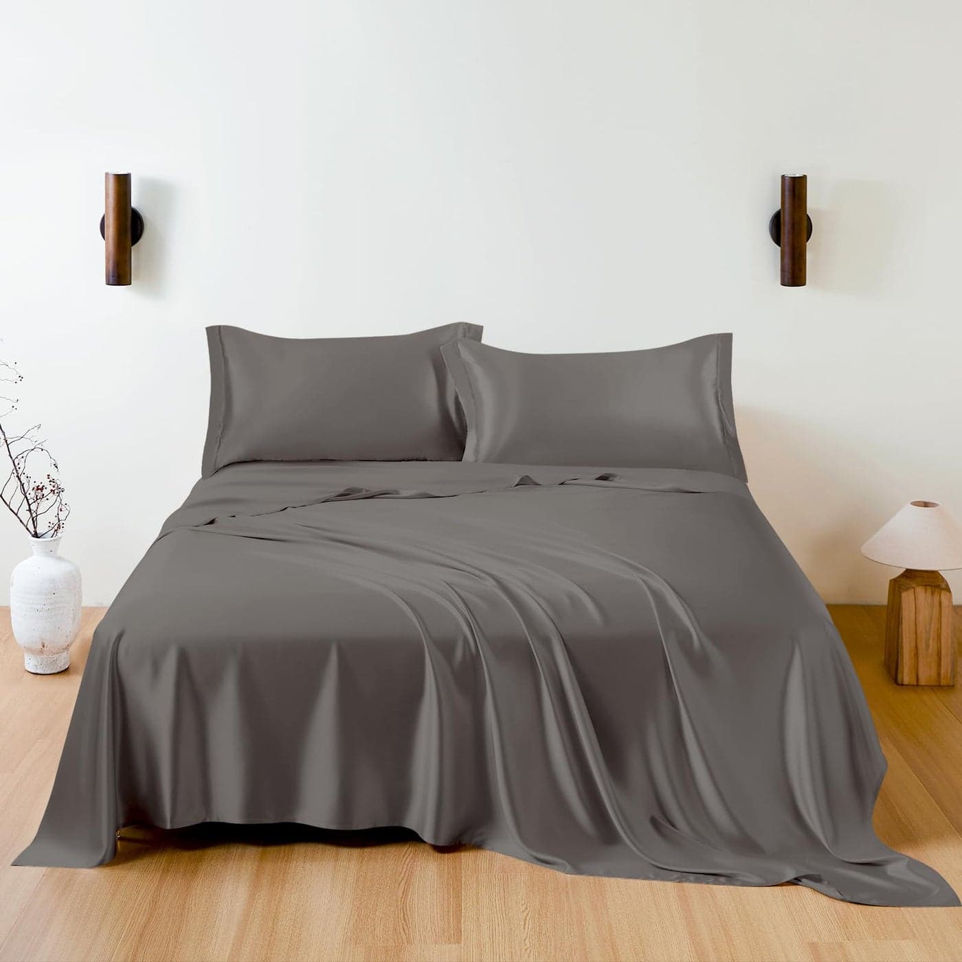 THXSILK 100 Mulberry Silk Sheet Set 7A Silk Sheet Set Soft Breathable Luxury Bedding 1 Flat Sheet 1 Fitted Sheet 2 Pillow Shams Queen Charcoal