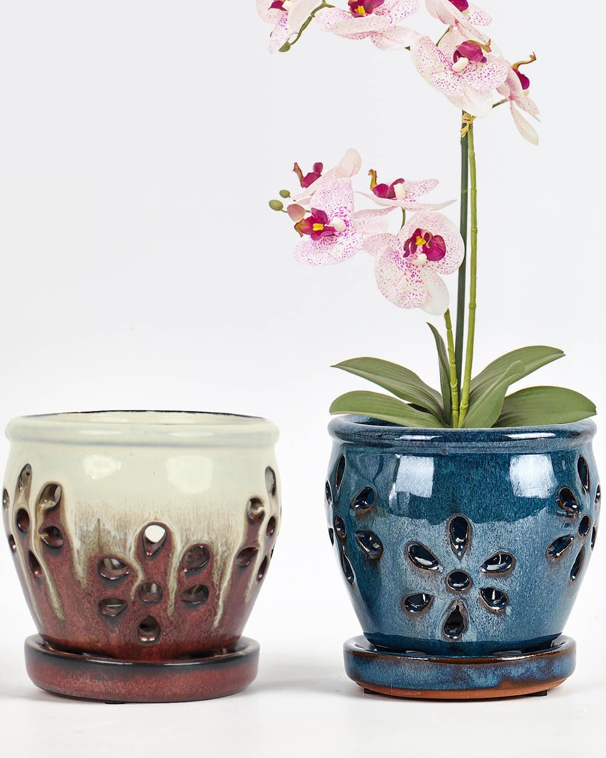 vensovo 4 Inch Ceramic Orchid Pots with Holes and Saucers 2 Pcs Small Succulent Pot for Repotting Garden Flowerpots for Plants Indoor and Outdoor Promotes Air Circulation Blue Brown Mixed