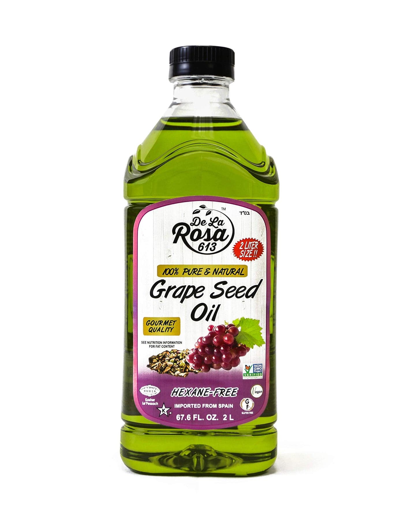 100% Pure & Natural Non-GMO Grape Seed Oil - De La Rosa 67.6oz - Expeller Pressed, Hexane-Free, Vegan, Gluten-Free & Kosher (For Passover) | Excellent Source of Vitamin E and Essential Fatty Acids!
