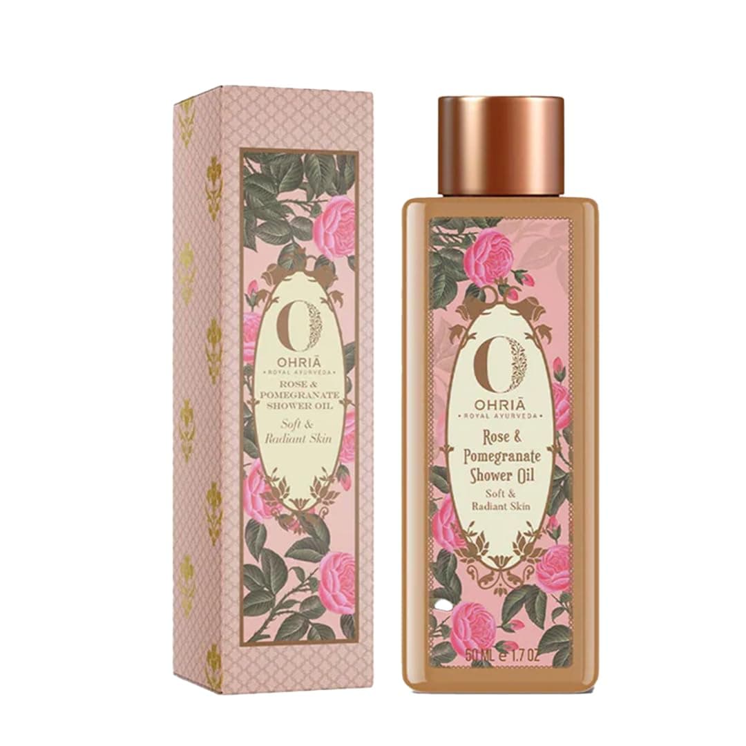 Ohria Ayurveda Rose Pomegranate Shower Oil Calming Hydrating Bath Body Oil with Almond Apricot Shea Butter Nourishing Formula for Soft Radiant Skin 50ml