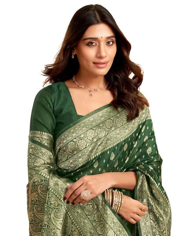 SIRIL Women's Jacquard Kanjivaram Soft Silk Saree Pure Silk Banarasi Saree With Unstitched Blouse Piece (3989S148A_Dark Green)