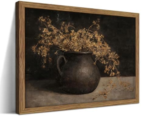 Vintage Dark Framed Wall Art, Farmhouse Floral Autumn Painting, Cottagecore Botanical Vase Wall Decor, Country Cottage Pictures Aesthetics Canvas Print for Living Room Bedroom – 8x10 inch