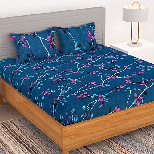 BEDSPUN Bedsheet for Double Bed Set of 1 Microfiber Bedsheet with 2 King Size Pillow Cover,150 TC Bed Sheet Blue, bedsheets : 220 x225 cm, Pillow: 40x60 cm, Perfect for Home Decor & Gifting