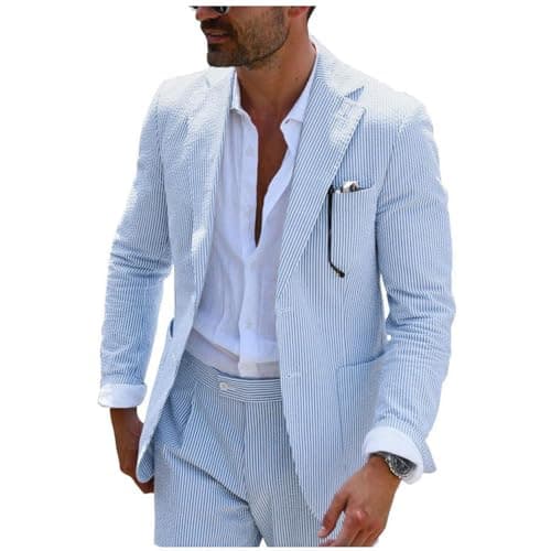PopEle Leisure Mens Blue Striped Seersucker Slim Fit Suit Grooms Lightweight Sear Sucker Suit for Wedding, Blue, Medium
