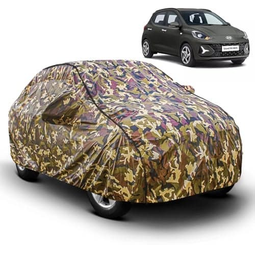 FABTEC Car Body Cover for Hyundai I10 Old Jungle Print with Soft Cotton Lining Waterproof Car Cover UV & Rain Protection with Mirror Pocket Bottom Elastic (Military/Camouflage Pattern)