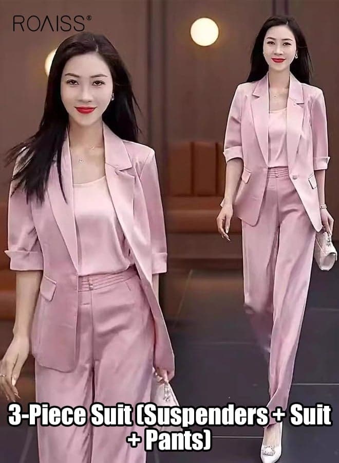 Women 3PCS Satin Suit Set, Notched Lapel Blazer Jacket, Camisole and Dress Pants Set, Solid Co Ord Outfit for Ladies, SuitablLe for Daily Wear, Office and Wedding