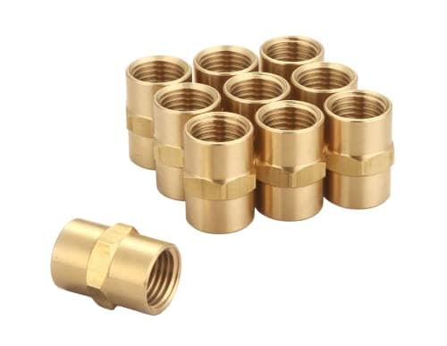 T TANYA HARDWARE Brass Coupling 1/4 Inch NPT Female x 1/4 Inch NPT Female Hex Head Pipe Fitting, Pack of 10, Compressor connector 1/4 fnpt to 1/4 fnpt Coupler, Air Hose Adapter Brass Fittings