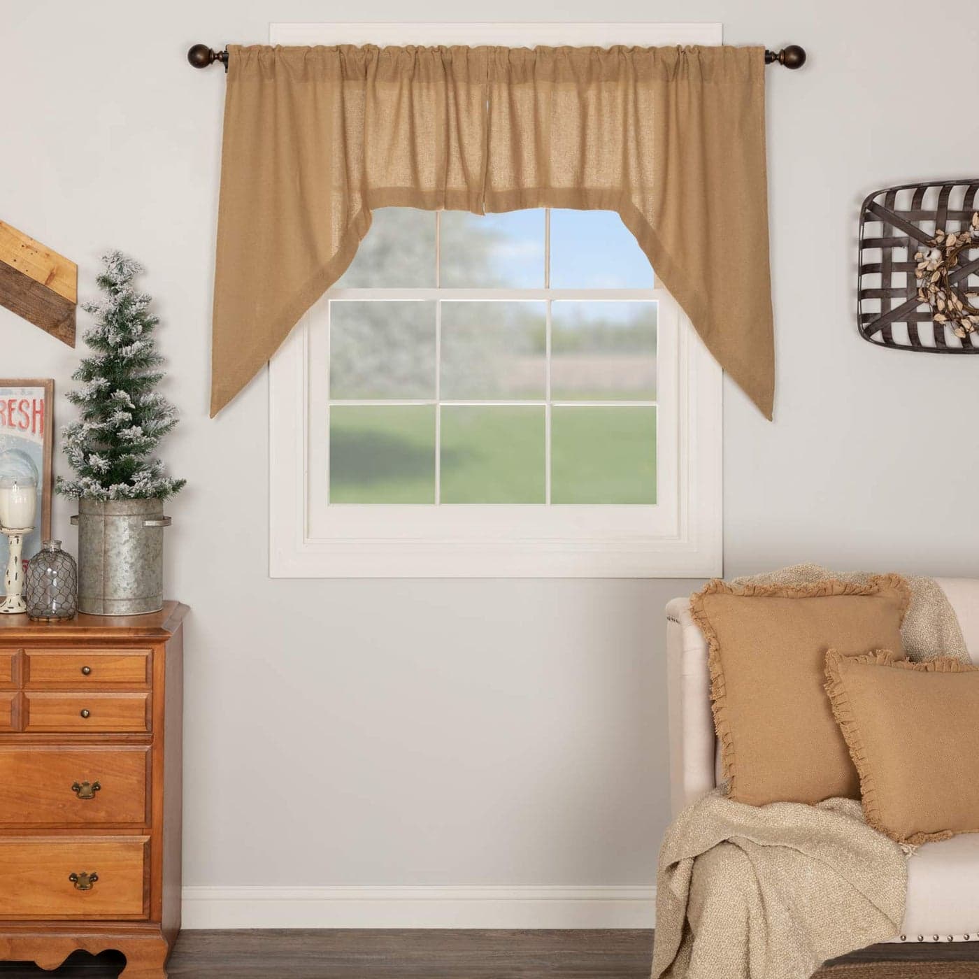 VHC Brands Burlap Solid Color Cotton Farmhouse Kitchen Curtains Rod Pocket Swag Pair Natural Tan