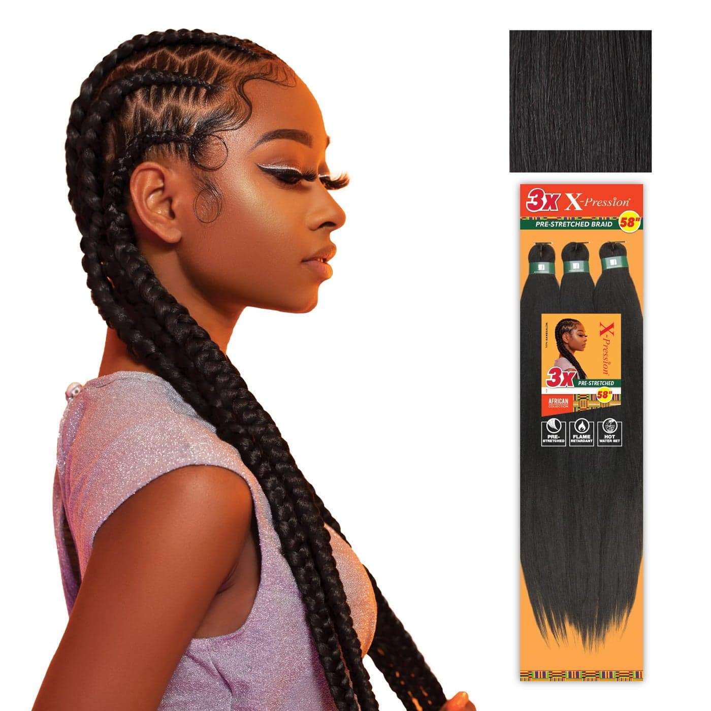 Sensationnel Xpression prestretched braiding hair 3x braid 58 inch all kanekalon flame retardant synthetic braid for box braids and twists 4 pack 1B OFFBLACK