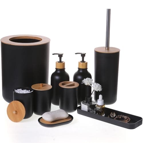 FNGJMJG Matte Black Bathroom Accessories Set 9PCSBamboo Bathroom Accessories Sets Complete with Trash CanSoap Dispenser and Toothbrush Holder SetToilet BrushQtip HolderVanity TraySoap Dish