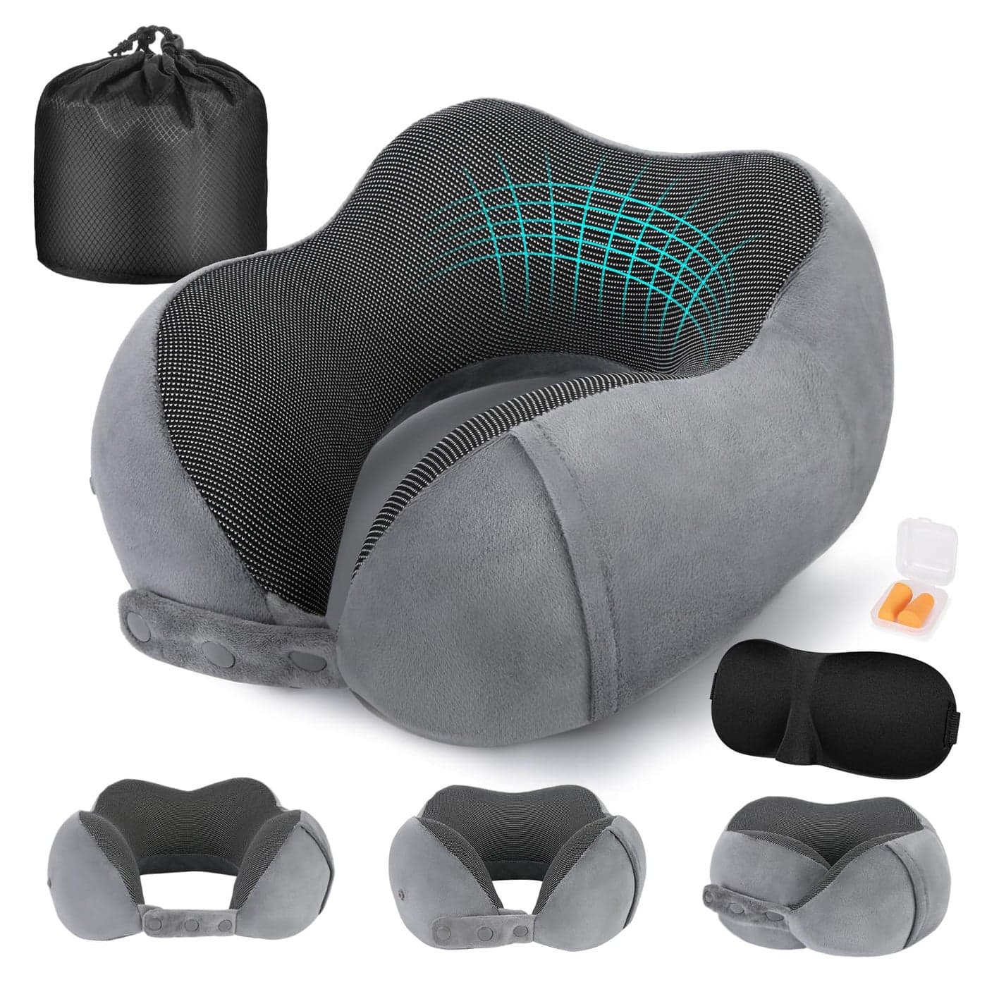 Cirorld Travel Pillow for Airplane Neck Pillow for Travel Memory Foam Travel Neck Pillow for Adults Adjustable Compact Flight Pillow Ergonomic Neck Cushion With Ear Plugs Eye Mask Carry Bag