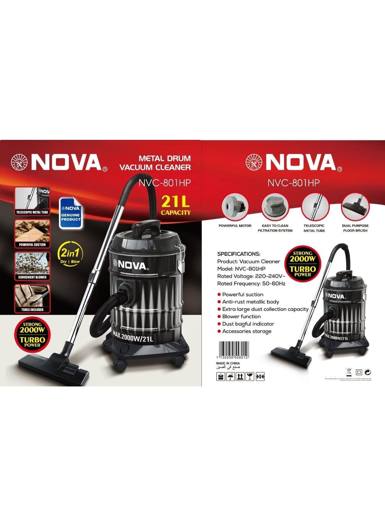 Compact and Powerful NOVA NVC-801HP 21L Vacuum Cleaner with Turbo Suction Technology Enjoy efficient cleaning with strong airflow, durable metal body, easy mobility, blower function, and versatile attachments designed for homes, garages, and cars.