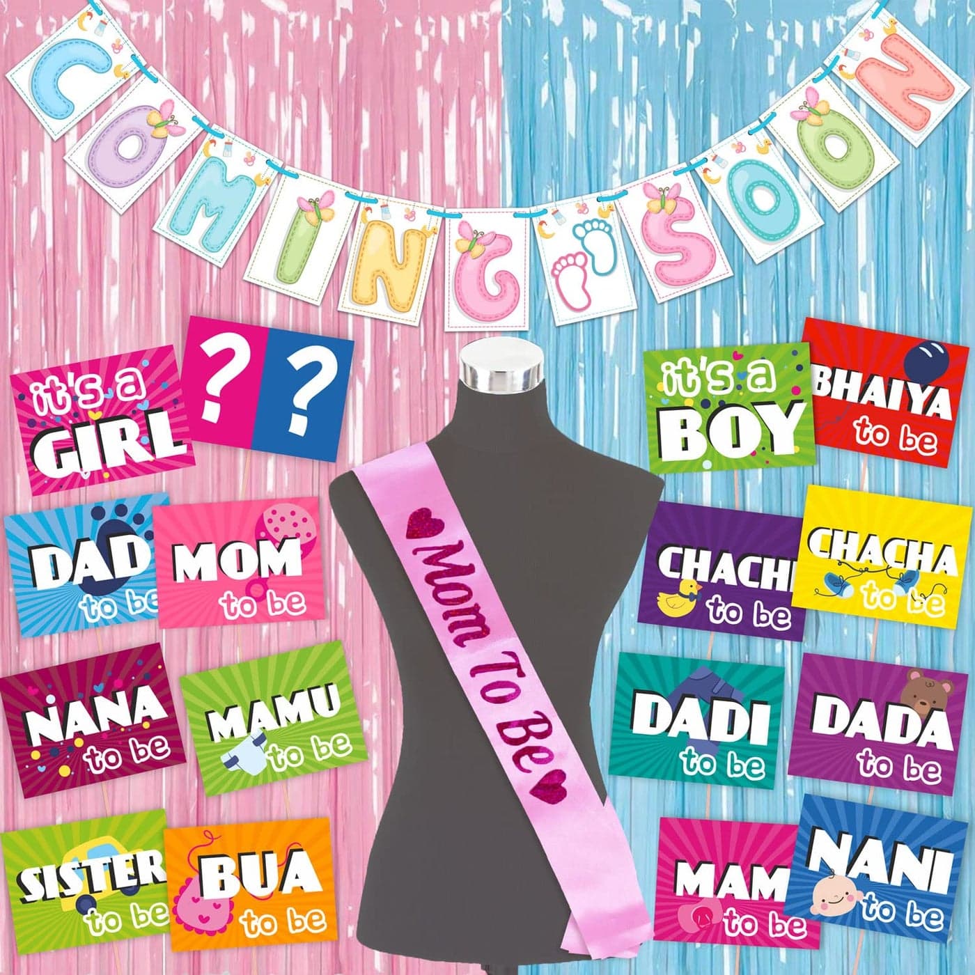 Wobbox Baby Shower Decoration Items| Baby Shower Ceremony Photo Booth Props for Photoshoot, Baby Shower Banner, Mom to Be Sash& Backdrop Foil Curtain, Godh Bharai Ceremony Decoration Kit-(FP2046)
