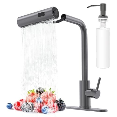 AVSIILE Waterfall Kitchen Faucets with Pull Down Sprayer Soap Dispenser Single Hole Single Handle Pull Out Tap Stainless Steel Sink Faucet in Gray Suitable for Farmhouse Camper Laundry Rv Bar