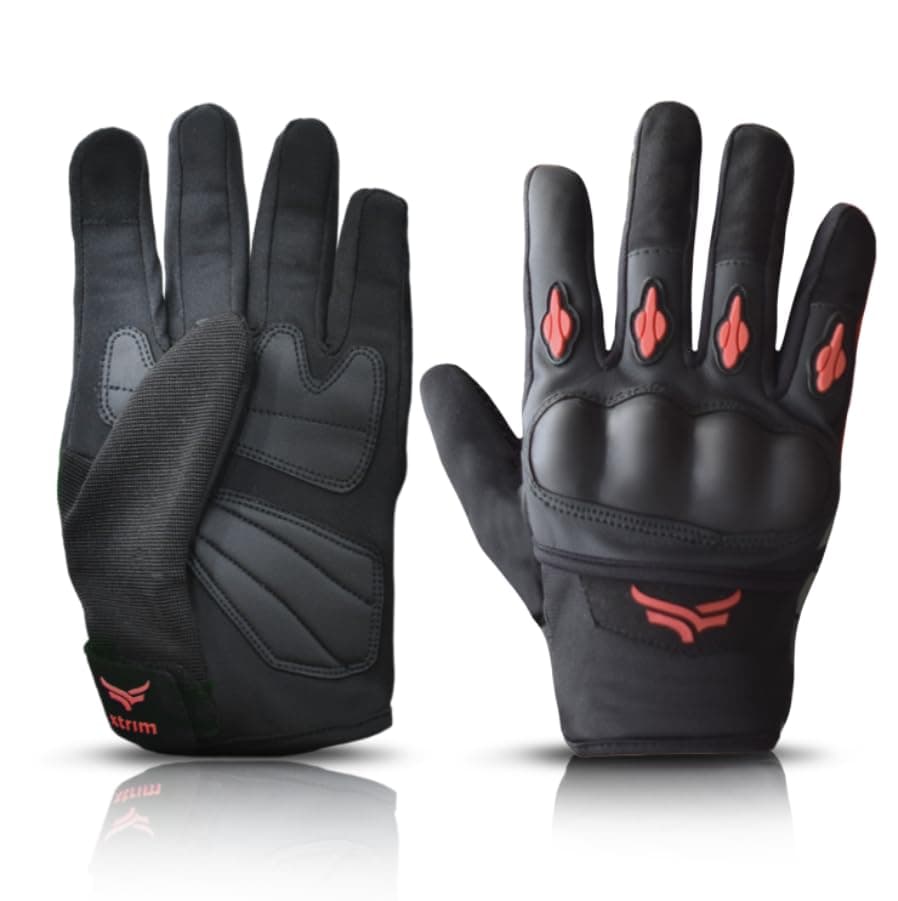 XTRIM Protekt - Universal Bike Riding Gloves for Men (Large), Sloping Finger Knuckles, Bike Accessories, Touchscreen Compatible Fingertips, Suede Padding, Gloves for Protection, Washable (Black & Red)