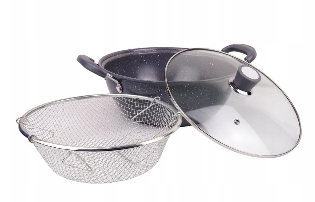 Jolfay 22cm Nonstick Frying Pan Skillet Kitchen Cookware Cast NonStick Swiss Granite Coating Kitchenware Deep Fryer Cooking Pot Non Stick Cookware Set with Fry Basket with Glass lid