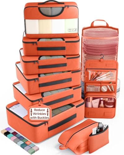 Veken 10 Set Packing Cubes for Travel EssentialsAntiWrinkle Buckled Suitcase Organizer for Shoe Toiletry BagCarry On Luggage Bag for Airplane College Dorm Room AccessoriesWomen Men Gifts