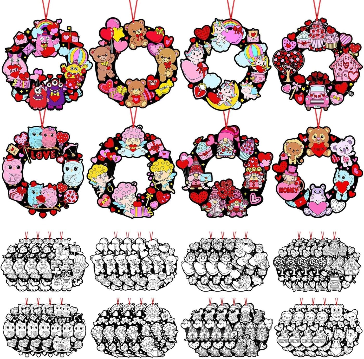 Epakh 32 Pcs Valentines Day Crafts for Kids Color Your Own Valentines Wreath Ornament DIY Paper Coloring Heart Cupid Monster Owl Craft for Valentines Home Classroom Activities