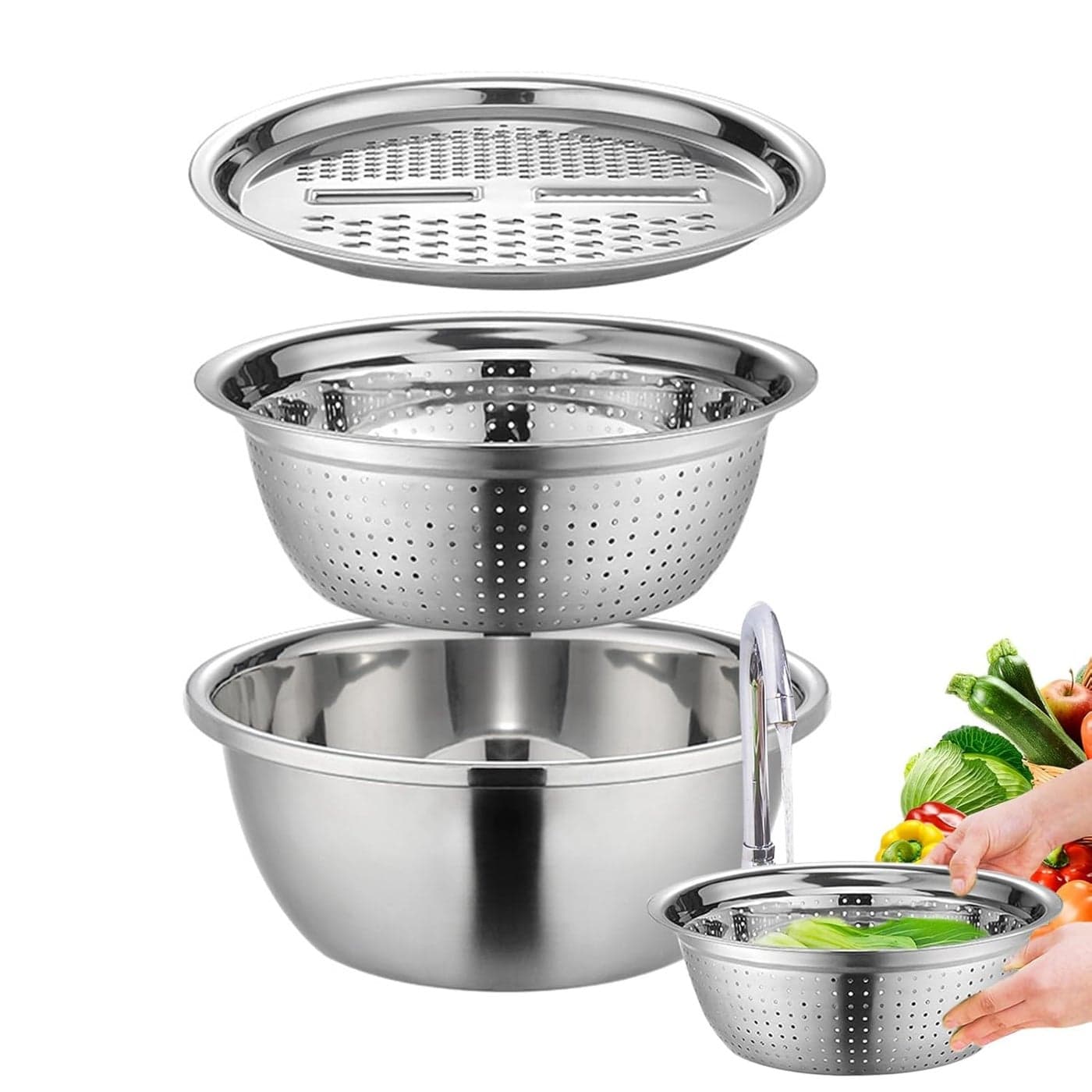 Kitchen Bowls 3 in 1 Stainless Steel Bowl 26 cm Kitchen Strainer Mixing Bowls Multifunctional Vegetable Drainer with Grater Suitable for Draining Kneading and Cooking