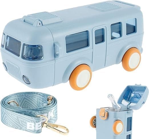 inulec Airplane Shaped Water Bottle for Kids with Removable Strap Leakproof BPAFree Sipper with Straw Key Lock Fun Rolling Wheels Perfect Sipper Bottle for Kids BLUE BUS