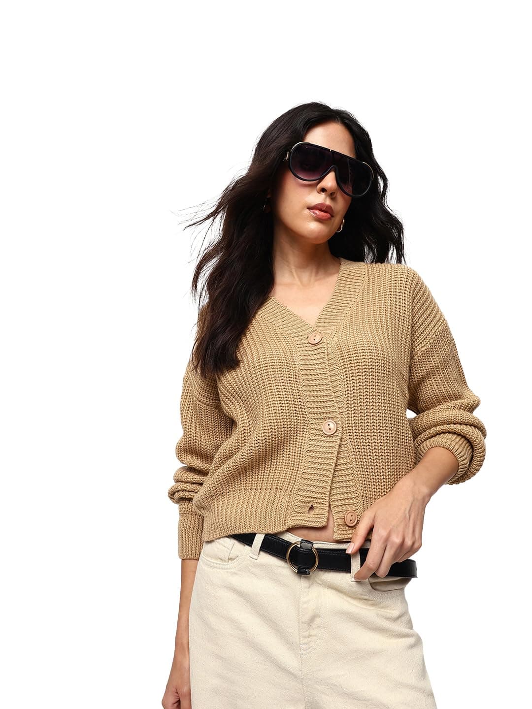 High Star Beige Acrylic Solid Long Sleeves V-Neck Sweaters_HSWSWW23006_BE_M