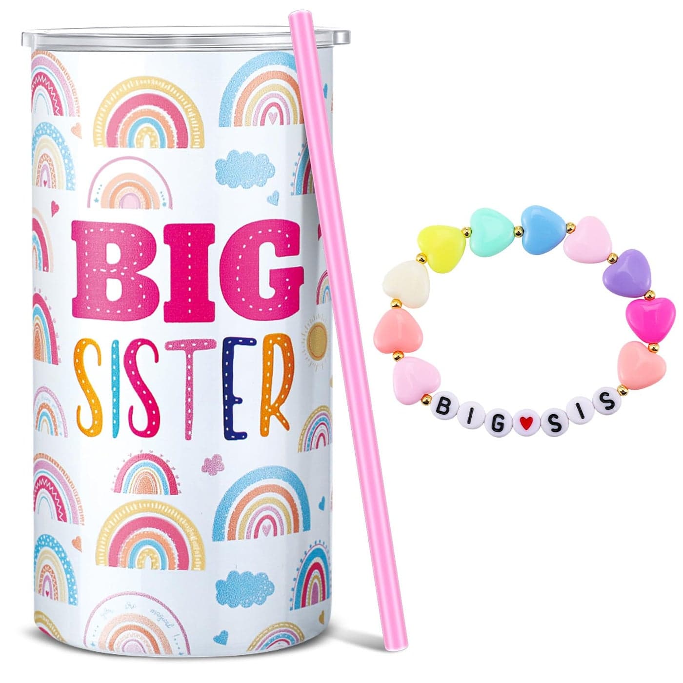 Maxcheck 2 Pcs New Big Sister Gift for Toddler 12 oz Pink Big Sister Cup Stainless Steel Tumbler with Leak Proof Lid and Straw Baby Mug Bracelet Announcement Jewelry for Little Girl Toddler