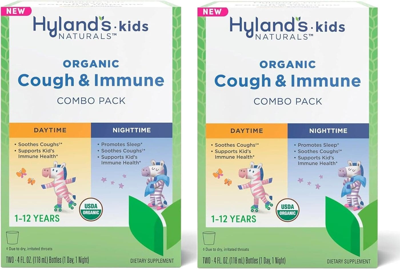 Hylands Kids Organic Cough and Immune Day and Night Combo Pack Eases Coughs Supports Immunity Promotes Sleep Two 4 Fl Oz Bottles 8 fl oz Pack of 2
