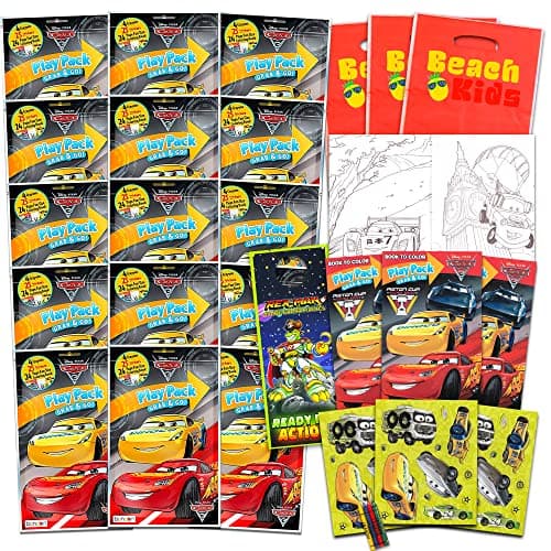 Set of 15 Kids Play Packs Fun Party Favors Coloring Book Crayons Stickers and Loot Bags Disney Cars