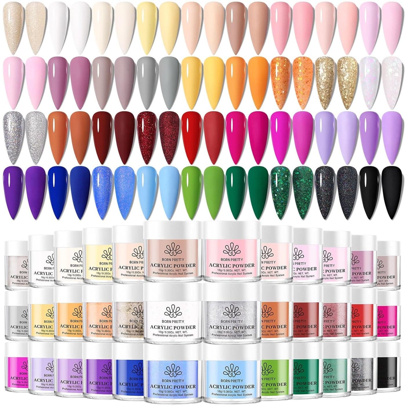 BORN PRETTY Acrylic Powder Set 36 Colors Acrylic Nail Powder Nude Pink Blue Yellow Purple Red Glitter Professional Polymer 3D Acrylic Nail Art Kit for French Nail Extension All Seasons Nail Carving