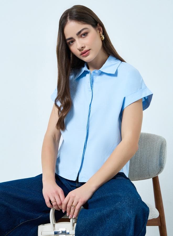 Blue Solid Short Sleeve Shirt — L