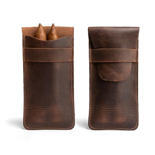 Hide & Drink, Slim Cigar Case for Three 50 Ring Cigars, Classic, All Purpose Holder, Rustic Portable Bag, Handmade, Full Grain Leather, Bourbon Brown