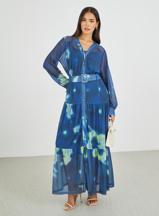 Tie And Dye Print V Neck Shirt Maxi Dress With Belt — M