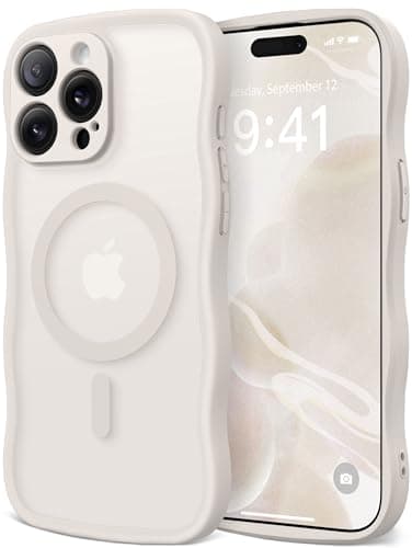 CAPRARO Cute for iPhone 15 Pro Case Compatible with MagSafe Curly Wave Edge Full Camera Protection 14 FT Drop Protection Magnetic Phone Case for 15 Pro 61 Inch Stone