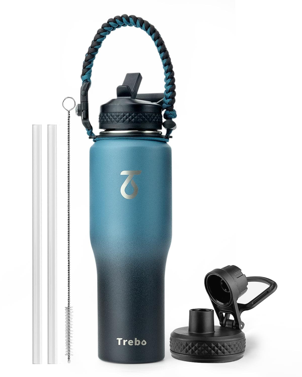 Trebo 40 oz Water Bottle Insulated Fit in Any Car Cup Holder,Triple Wall Vacuum Insulated Water Bottle (Cold for 48 Hrs, Hot for 24 Hrs),Leakproof Stainless Steel Tumbler Flask with Paracord Handle