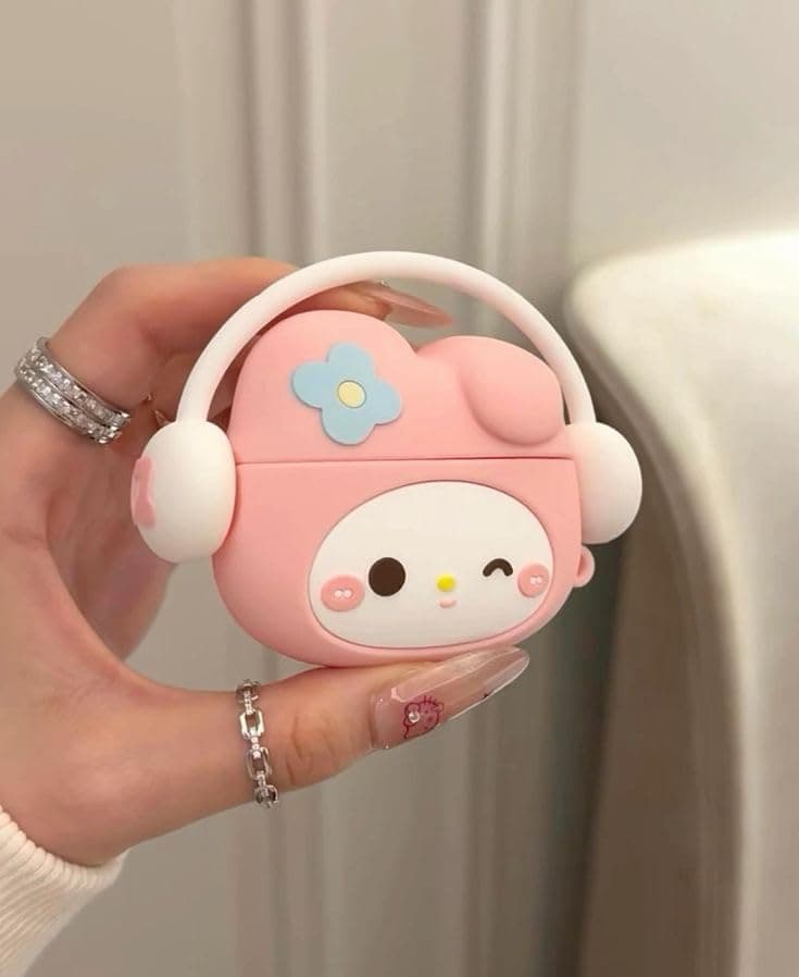 Meyaar Earphone Case Cover Compatible for Realme Buds T300 & T310, Soft Silicone Skin Case Cover Shock-Absorbing Protective Case with Keychain for realme Buds T310 & T300 Only (Headphone Peach Kitty)