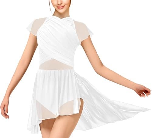 WYHDY Women Dance Dress Flutter Sleeve Mesh Skirted Leotard Lyrical Costume WaterDrop Hollow Back2370607S White
