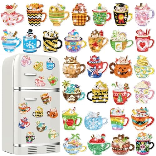 Liliaafar 30 Pcs Diamond Painting Magnets Set Diamond Art Magnets for Fridge Refrigerator Magnetic Stickers for DIY Crafts 5d Rhinestones Gem Art Painting Kits for Adults Beginners(Coffee Cup)