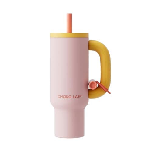 CHAKO LAB BaWang Insulated Stainless Steel Tumbler | Tumbler with Handle and Straw 33oz | Cup Holder Friendly for Travel | Leakproof Water Bottle | BPA-Free | Ceramic liner| pink&yellow
