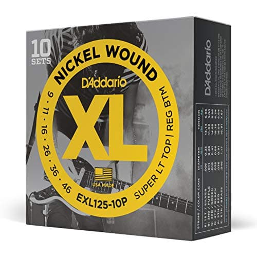 D'Addario Electric Guitar Strings, XL Nickel, EXL125-10P, Super Light Top/Regular Bottom Gauge, 6-String Set, Pack of 10