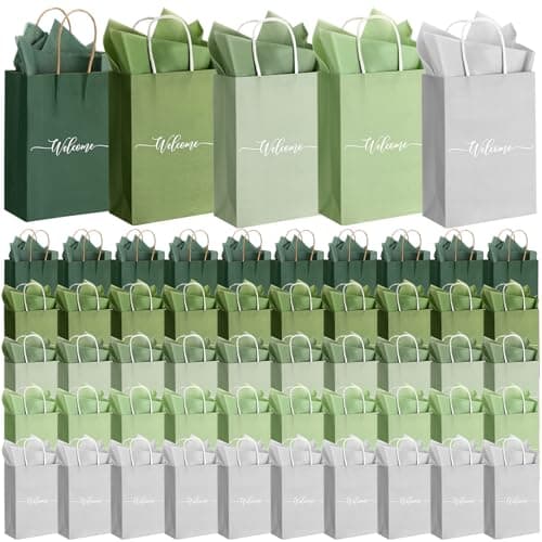 Kolldenn 50 Sets Sage Green Wedding Welcome Bags for Guests Gift Bags Bulk with Handles and Tissue Paper Bridal Shower Wedding Favor Church and Hotel Welcome Gift 6x59x32