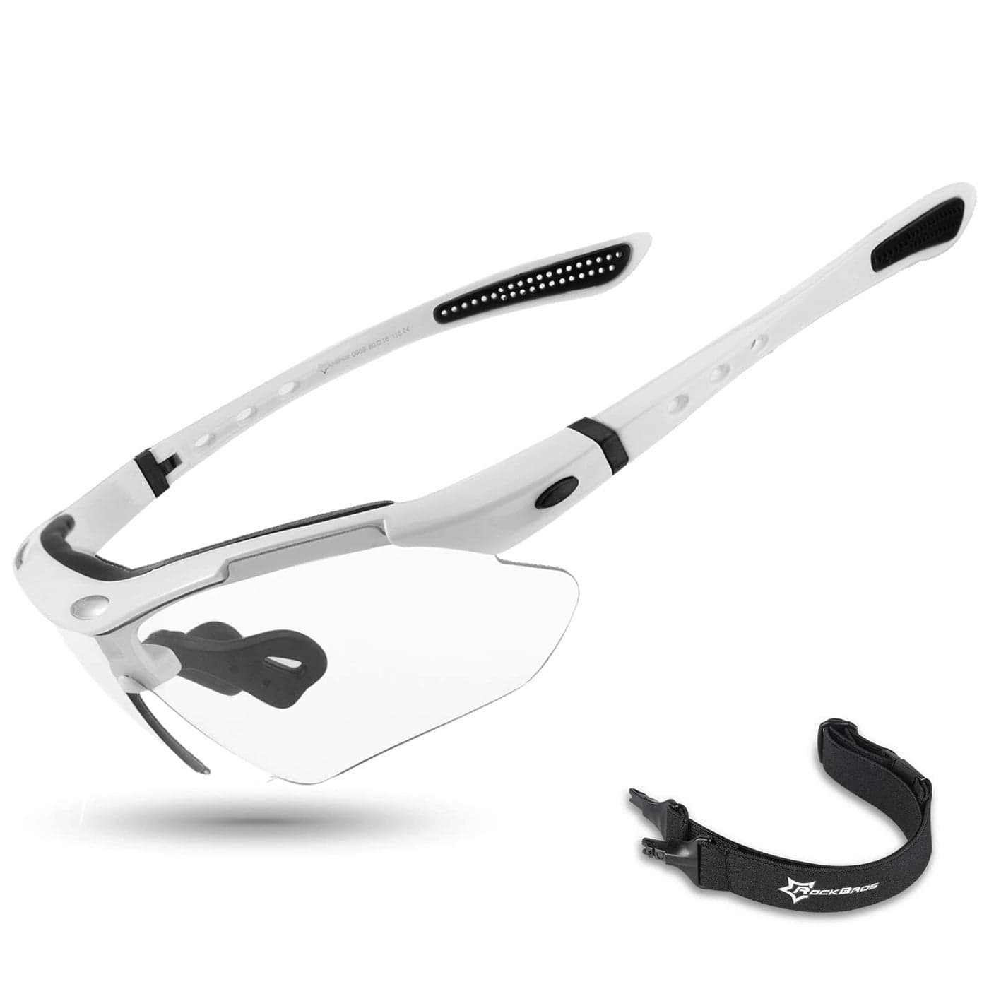 ROCKBROS Photochromic Sports Sunglasses Mens Pickleball Glasses Cycling Glasses MTB Sunglasses with Removable Elasctic BandWhite