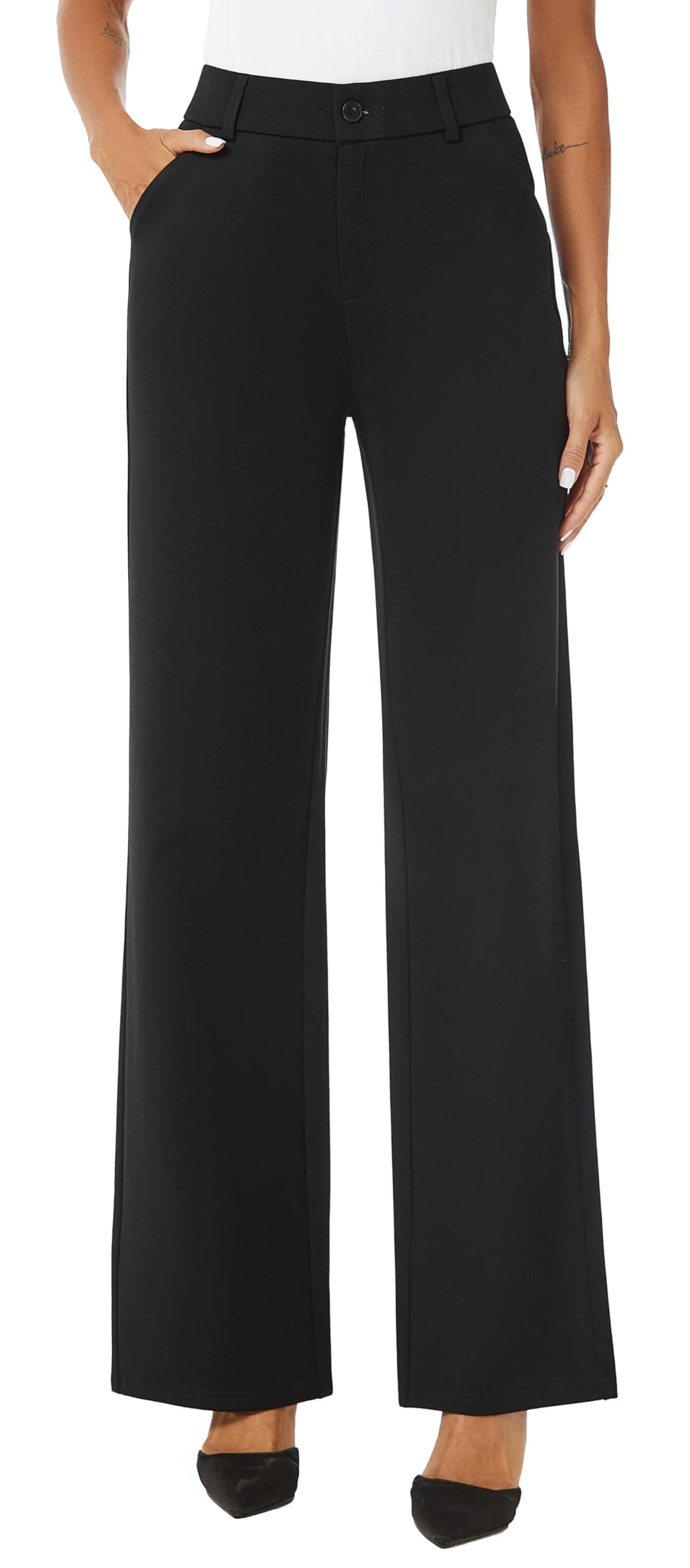 iChosy Womens High Waist Wide Straight Leg Trousers Casual Slacks Dress Pants with Pockets Black 10 Tall