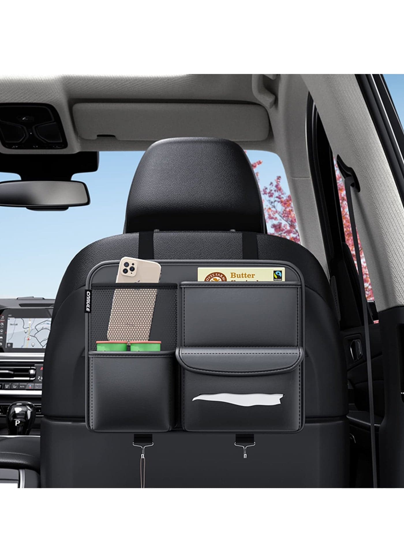 Leather Car Backseat Organizer, Hanging Seat Storage Bag for Snacks, Drinks, Toys, Magazines, Keeps Car Clean and Tidy, Essential Travel Accessories, Black