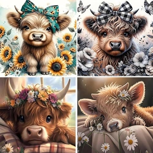 mrpwnle 4 Pack Cow Diamond Art Kits for Adults DIY Cute Animals Diamond Painting Kits for Adults Beginner Simple 5D Full Drill Diamond Art Dots Gem Art Kit for Home Wall Decor 12x12inch