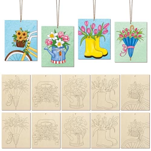 COCHIE 10 Pieces Large Spring Unfinished Wood Crafts to Paint for Adults Bulk Predrilled Wooden Ornaments for Painting Tulips Flowers Paintable Wood Slices Craft Supplies with Ropes